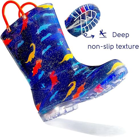 Toddler Rain Boots for Girls Boys, Kids Rain Boots Light Up Glitter Boot Waterproof Shoes with Easy on Handles in Saudi Arabia
