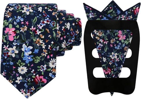 Mantieqingway Floral Tie Sets for Men Skinny Cotton Flower Neckties with Handkerchief and Pocket Square Holder for Wedding in Kuwait