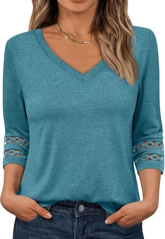 Trendy Queen 3/4 Length Sleeve Womens Tops V Neck Lace Tunic Dressy Casual Business Ladies Fashion Outfits 2025 in Saudi Arabia