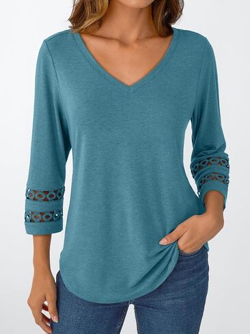 Trendy Queen 3/4 Length Sleeve Womens Tops V Neck Lace Tunic Dressy Casual Business Ladies Fashion Outfits 2025 in Saudi Arabia