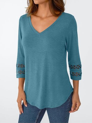 Trendy Queen 3/4 Length Sleeve Womens Tops V Neck Lace Tunic Dressy Casual Business Ladies Fashion Outfits 2025 in Saudi Arabia