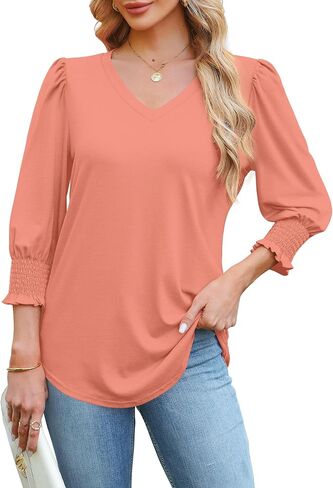 SAMPEEL 3/4 Length Sleeve Womens Tops Dressy Casual Blouses V Neck T Shirts with Smocked Cuffs in Saudi Arabia