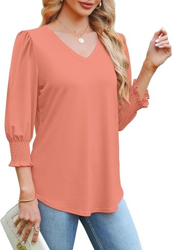 SAMPEEL 3/4 Length Sleeve Womens Tops Dressy Casual Blouses V Neck T Shirts with Smocked Cuffs in Saudi Arabia