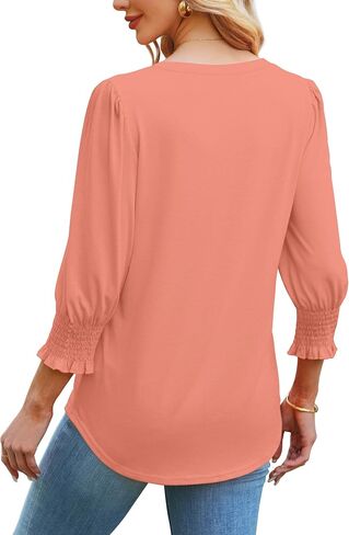 SAMPEEL 3/4 Length Sleeve Womens Tops Dressy Casual Blouses V Neck T Shirts with Smocked Cuffs in Saudi Arabia
