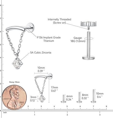 limerencia Hypoallergenic Titanium ASTM F136-18G 6mm 8mm 10mm Flat Back Internal Thread Stud Earring Piercing Jewelry for Tragus Helix Conch Cartilage Nose Lip(1pc) in Saudi Arabia