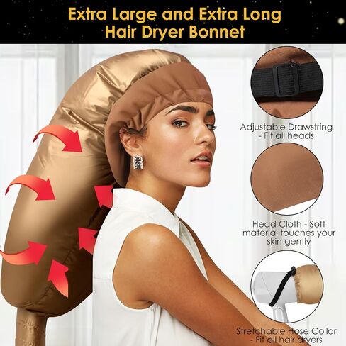 Bonnet Hood Hair Dryer Attachment: Upgraded Extra Large Adjustable Soft Dryer Caps - Easy to Use for Natural Curly Textured Hair Care Styling Fast Drying - Gold in Kuwait