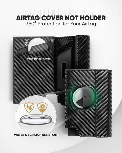 حامل بطاقة Vulkit Mens مع غطاء Airtag ، قاذف بطاقة الائتمان المنبثقة RFID ، نافذة الهوية وجيب العملة المعدنية ، الإغلاق المغناطيسي ، مربع الهدايا معبأة ، أسود الكربون in Kuwait