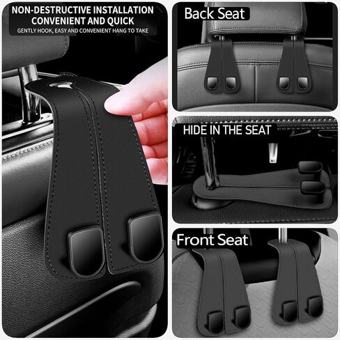 2Packs Car Seat Hooks, Leather Car Headrest Hook, Car Purse Hook Seat Back Hanger Storage Organizer, Car Hook for Purses and Bags(Black) in Kuwait