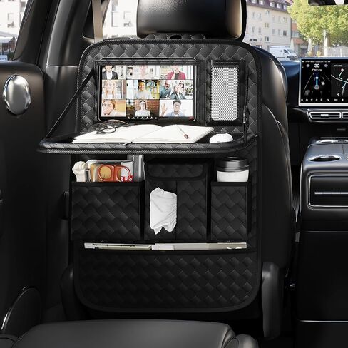 GMQ Back Seat Car Organizer 1 Pack,Backseat Organizer with Tray,Multifunctional Car Seat Back Storage Box with Foldable Tablet Holder (Black, Plain weave) in Saudi Arabia
