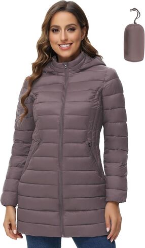 سترة منتفخة للسيدات من ROYAL MATRIX قابلة للتعبئة معطف منتفخ خفيف الوزن مع غطاء للرأس سترات منتفخة طويلة للشتاء الدافئ للسفر in Kuwait