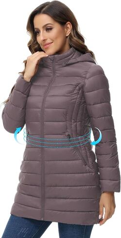 سترة منتفخة للسيدات من ROYAL MATRIX قابلة للتعبئة معطف منتفخ خفيف الوزن مع غطاء للرأس سترات منتفخة طويلة للشتاء الدافئ للسفر in Kuwait