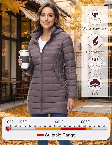 سترة منتفخة للسيدات من ROYAL MATRIX قابلة للتعبئة معطف منتفخ خفيف الوزن مع غطاء للرأس سترات منتفخة طويلة للشتاء الدافئ للسفر in Kuwait