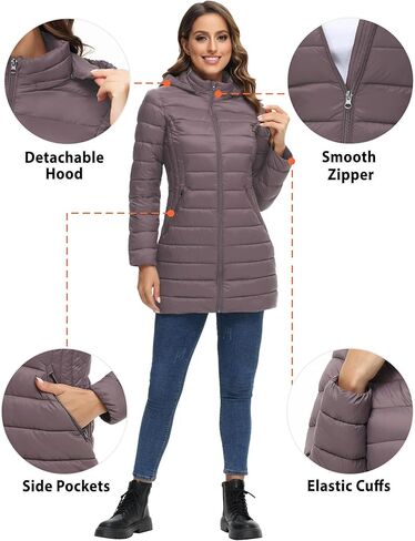 سترة منتفخة للسيدات من ROYAL MATRIX قابلة للتعبئة معطف منتفخ خفيف الوزن مع غطاء للرأس سترات منتفخة طويلة للشتاء الدافئ للسفر in Kuwait