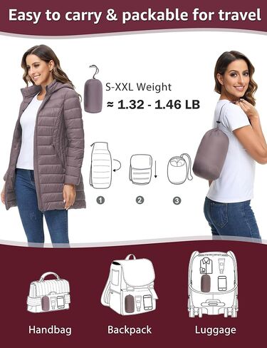 سترة منتفخة للسيدات من ROYAL MATRIX قابلة للتعبئة معطف منتفخ خفيف الوزن مع غطاء للرأس سترات منتفخة طويلة للشتاء الدافئ للسفر in Kuwait