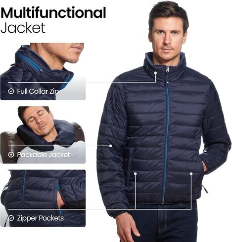 Weatherproof Men's Puffer Jacket, Lightweight Wind Resistant Alternative Down Jacket with Packable Travel Neck Pillow (S-3XL) in Saudi Arabia