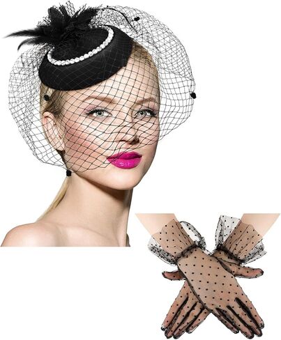 Geyoga 20s 50s Tea Party hat and Gloves Set Fascinator hat for Women Funeral Pillbox Cocktail Headband with Veil in Saudi Arabia