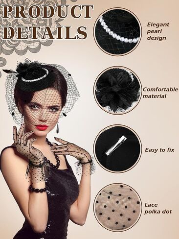 Geyoga 20s 50s Tea Party hat and Gloves Set Fascinator hat for Women Funeral Pillbox Cocktail Headband with Veil in Saudi Arabia