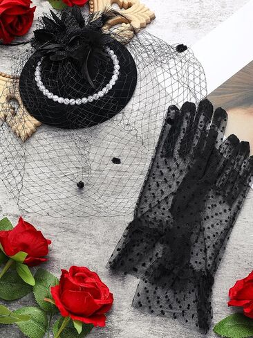 Geyoga 20s 50s Tea Party hat and Gloves Set Fascinator hat for Women Funeral Pillbox Cocktail Headband with Veil in Saudi Arabia