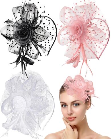 yunsailing 3 pack fascinators قبعات للنساء ، قبعات حفلة الشاي للفتيات زهرة الكوكتيل شبكة الريش مقطع الشعر للحفلة in Saudi Arabia