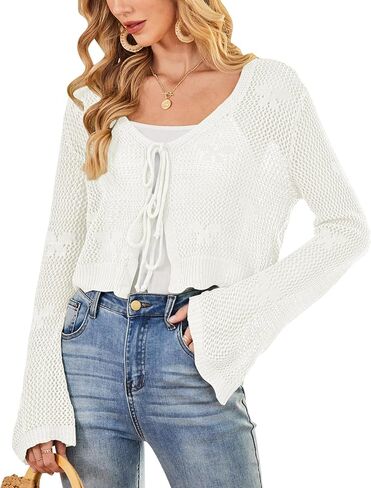 Balimtoy Women Tie Tie Jollow Out متماسكة محصول أعلى جرس الأكمام الخامس العنق الكروشيه كاروشيت Cardigan Boho لطيف بوليرو يتجاهل in Kuwait