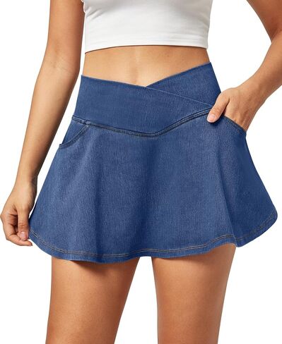 IUGA Stretchy Ruffle Denim Skort V-Waist Jean Skort with 4 Pockets Trendy High Waisted Mini Jean Skirt with Shorts Underneath in Kuwait