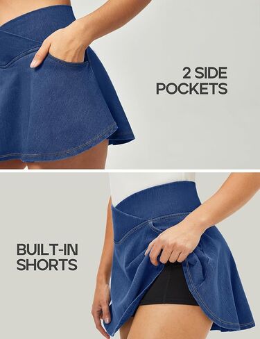 IUGA Stretchy Ruffle Denim Skort V-Waist Jean Skort with 4 Pockets Trendy High Waisted Mini Jean Skirt with Shorts Underneath in Kuwait