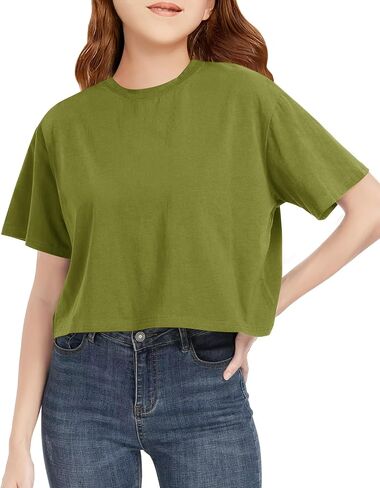Girls Summer Crop Tops Kids Fashion Oversized Crew Neck Cropped Short Sleeve T Shirts Basic Tees Size 5-14 Years in Saudi Arabia