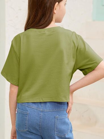 Girls Summer Crop Tops Kids Fashion Oversized Crew Neck Cropped Short Sleeve T Shirts Basic Tees Size 5-14 Years in Saudi Arabia