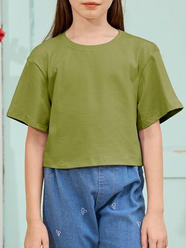Girls Summer Crop Tops Kids Fashion Oversized Crew Neck Cropped Short Sleeve T Shirts Basic Tees Size 5-14 Years in Saudi Arabia