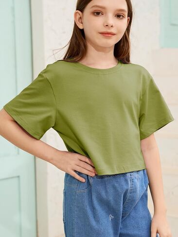 Girls Summer Crop Tops Kids Fashion Oversized Crew Neck Cropped Short Sleeve T Shirts Basic Tees Size 5-14 Years in Saudi Arabia