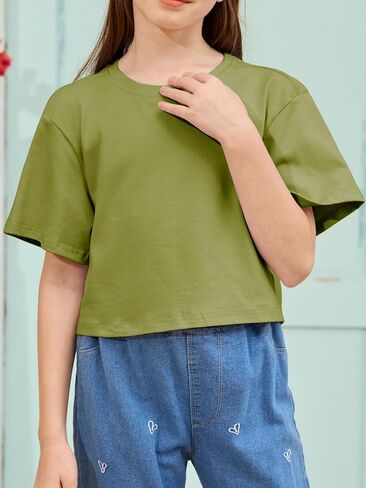 Girls Summer Crop Tops Kids Fashion Oversized Crew Neck Cropped Short Sleeve T Shirts Basic Tees Size 5-14 Years in Saudi Arabia