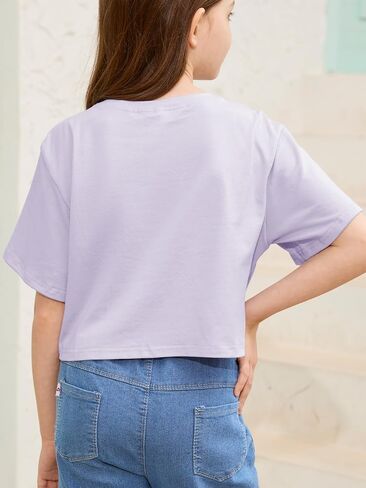 Girls Summer Crop Tops Kids Fashion Oversized Crew Neck Cropped Short Sleeve T Shirts Basic Tees Size 5-14 Years in Saudi Arabia