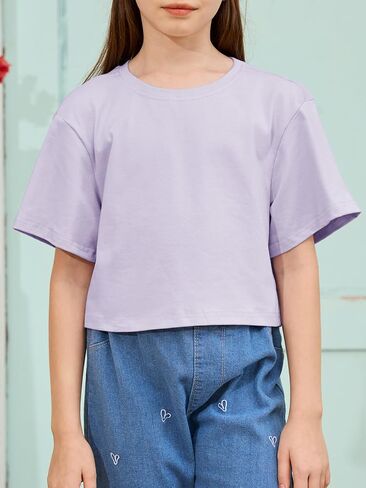 Girls Summer Crop Tops Kids Fashion Oversized Crew Neck Cropped Short Sleeve T Shirts Basic Tees Size 5-14 Years in Saudi Arabia