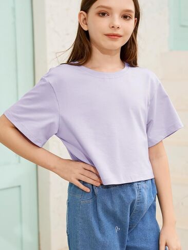 Girls Summer Crop Tops Kids Fashion Oversized Crew Neck Cropped Short Sleeve T Shirts Basic Tees Size 5-14 Years in Saudi Arabia