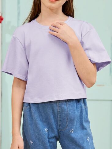Girls Summer Crop Tops Kids Fashion Oversized Crew Neck Cropped Short Sleeve T Shirts Basic Tees Size 5-14 Years in Saudi Arabia