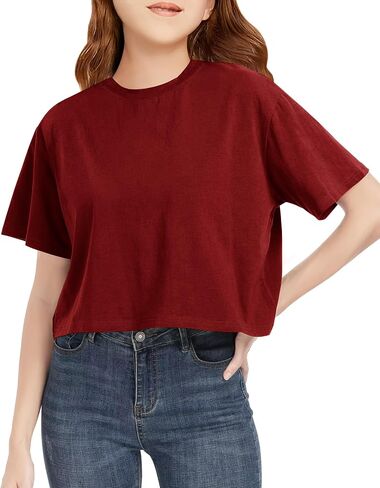 Girls Summer Crop Tops Kids Fashion Oversized Crew Neck Cropped Short Sleeve T Shirts Basic Tees Size 5-14 Years in Saudi Arabia