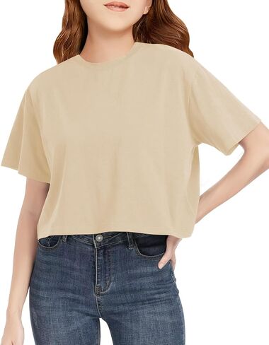 Girls Summer Crop Tops Kids Fashion Oversized Crew Neck Cropped Short Sleeve T Shirts Basic Tees Size 5-14 Years in Saudi Arabia