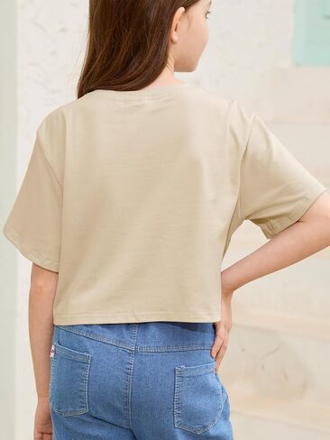 Girls Summer Crop Tops Kids Fashion Oversized Crew Neck Cropped Short Sleeve T Shirts Basic Tees Size 5-14 Years in Saudi Arabia