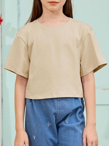Girls Summer Crop Tops Kids Fashion Oversized Crew Neck Cropped Short Sleeve T Shirts Basic Tees Size 5-14 Years in Saudi Arabia