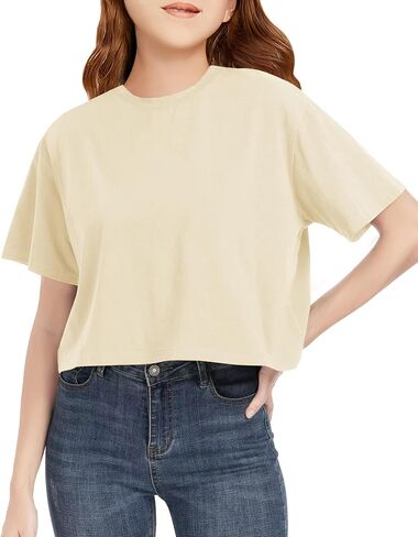 Girls Summer Crop Tops Kids Fashion Oversized Crew Neck Cropped Short Sleeve T Shirts Basic Tees Size 5-14 Years in Saudi Arabia