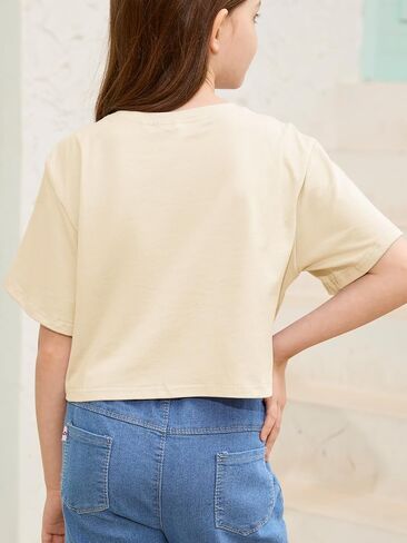 Girls Summer Crop Tops Kids Fashion Oversized Crew Neck Cropped Short Sleeve T Shirts Basic Tees Size 5-14 Years in Saudi Arabia