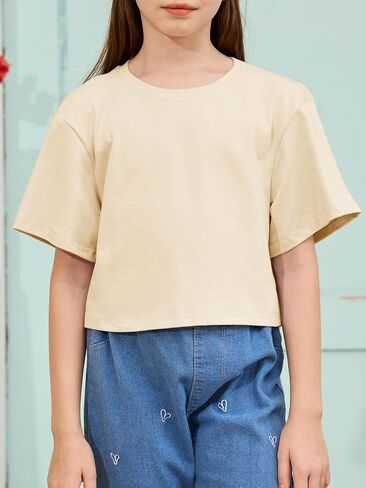 Girls Summer Crop Tops Kids Fashion Oversized Crew Neck Cropped Short Sleeve T Shirts Basic Tees Size 5-14 Years in Saudi Arabia