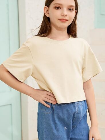 Girls Summer Crop Tops Kids Fashion Oversized Crew Neck Cropped Short Sleeve T Shirts Basic Tees Size 5-14 Years in Saudi Arabia