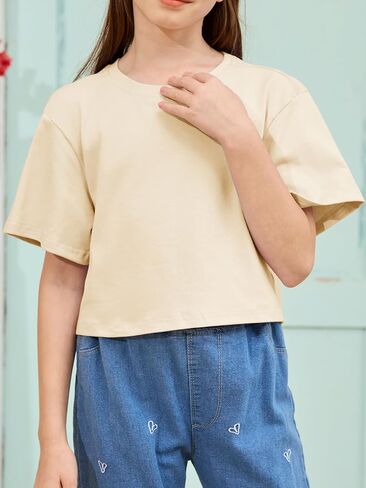 Girls Summer Crop Tops Kids Fashion Oversized Crew Neck Cropped Short Sleeve T Shirts Basic Tees Size 5-14 Years in Saudi Arabia