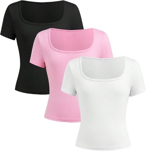 Girl's 3 Packs Basic Tees Shirts Tops Square Neck Short Sleeve Slim Fit Summer Clothes Base Layer Tees in Kuwait