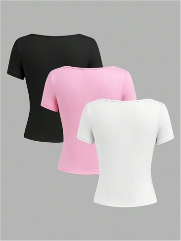 Girl's 3 Packs Basic Tees Shirts Tops Square Neck Short Sleeve Slim Fit Summer Clothes Base Layer Tees in Kuwait
