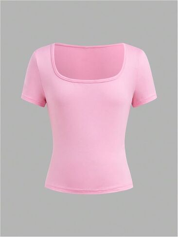 Girl's 3 Packs Basic Tees Shirts Tops Square Neck Short Sleeve Slim Fit Summer Clothes Base Layer Tees in Kuwait