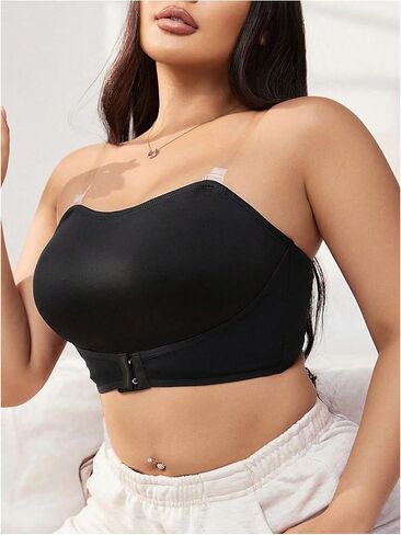 SOLY HUX Women's Plus Size Strapless Seamless Bra Wireless Bandeau Bralette with Transparent Straps in Saudi Arabia