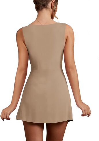 WISFRUIT Women's Sexy Square Neck Mini Dress Sleeveless Bodycon Ruched Split Party Club Short Tank Dresses in Saudi Arabia