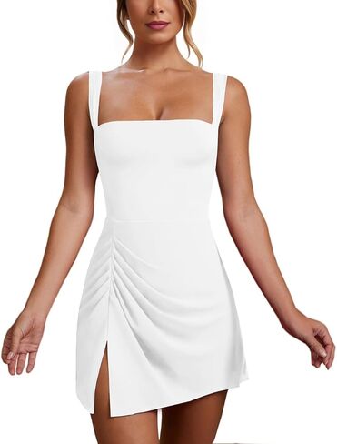 WISFRUIT Women's Sexy Square Neck Mini Dress Sleeveless Bodycon Ruched Split Party Club Short Tank Dresses in Kuwait